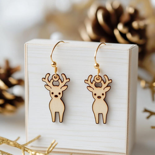 Cute Handcrafted Olive Wood Reindeer Earrings - Unique Christmas & Holiday Jewelry Gift
