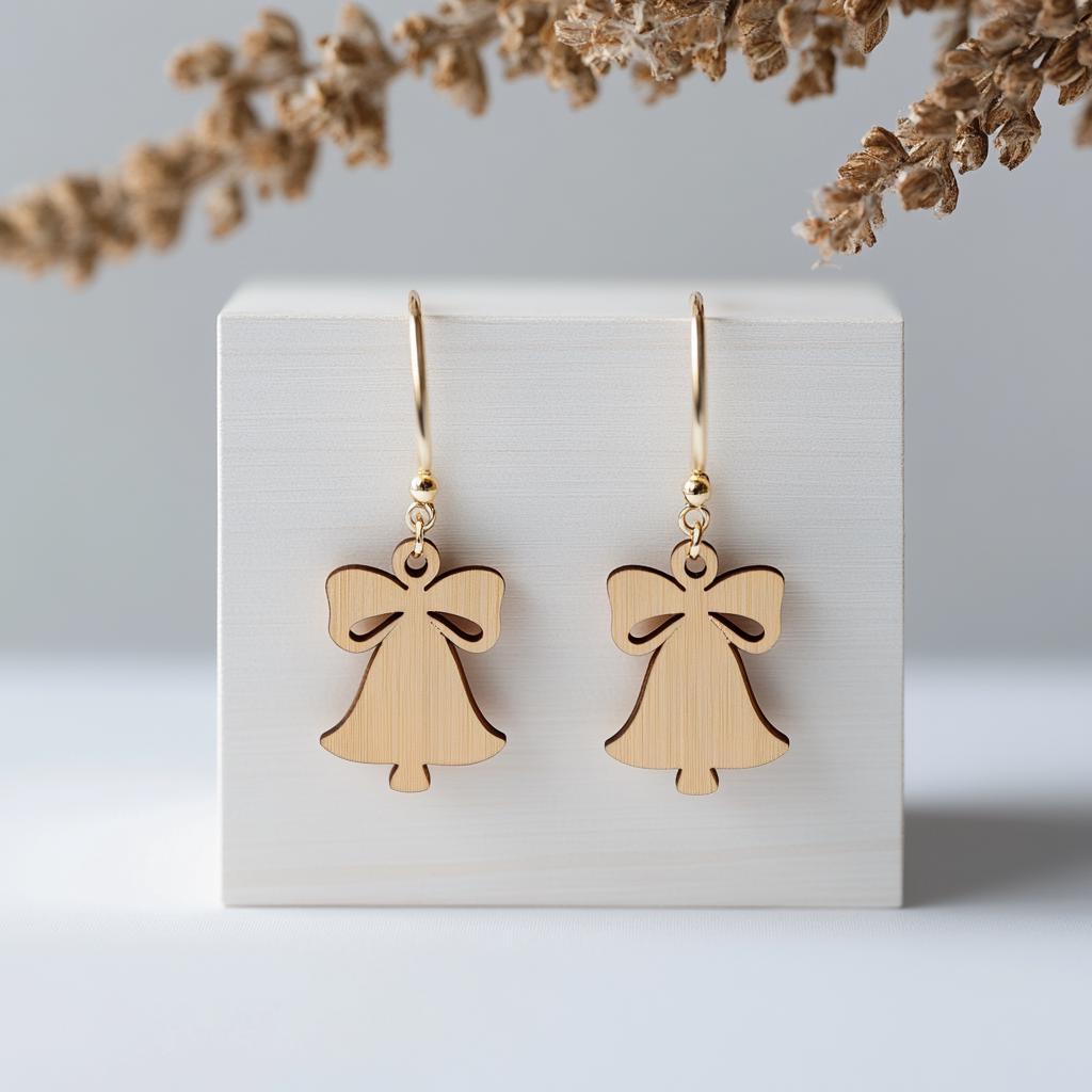 Handcrafted Olive Wood Christmas Bell Earrings - Rustic Festive Holiday Jewelry
