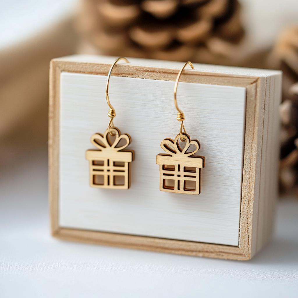 Handcrafted Olive Wood Gift Box Earrings - Unique Festive Holiday Present Jewelry