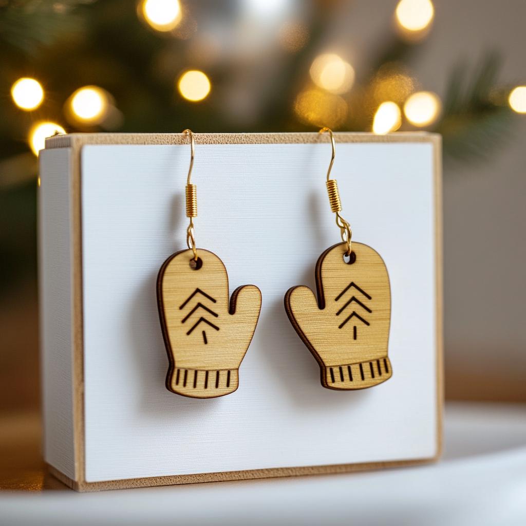 Handcrafted Olive Wood Mitten Earrings - Unique Winter & Holiday Jewelry