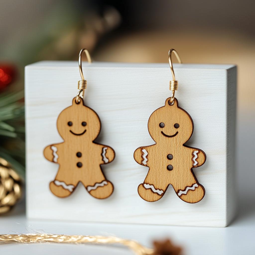 Handcrafted Olive Wood Gingerbread Man Earrings - Adorable Christmas & Holiday Jewelry Gift