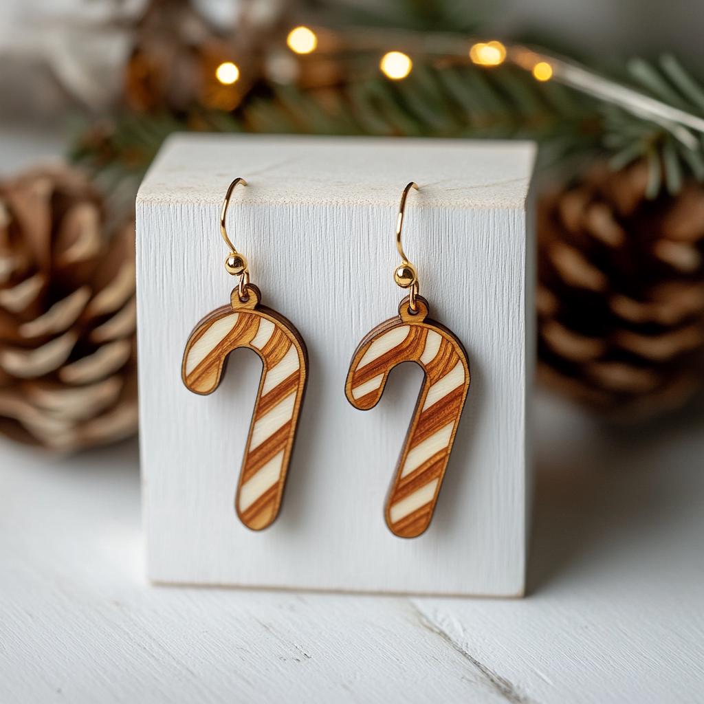 Handcrafted Olive Wood Candy Cane Earrings - Unique Festive Holiday Jewelry Gift