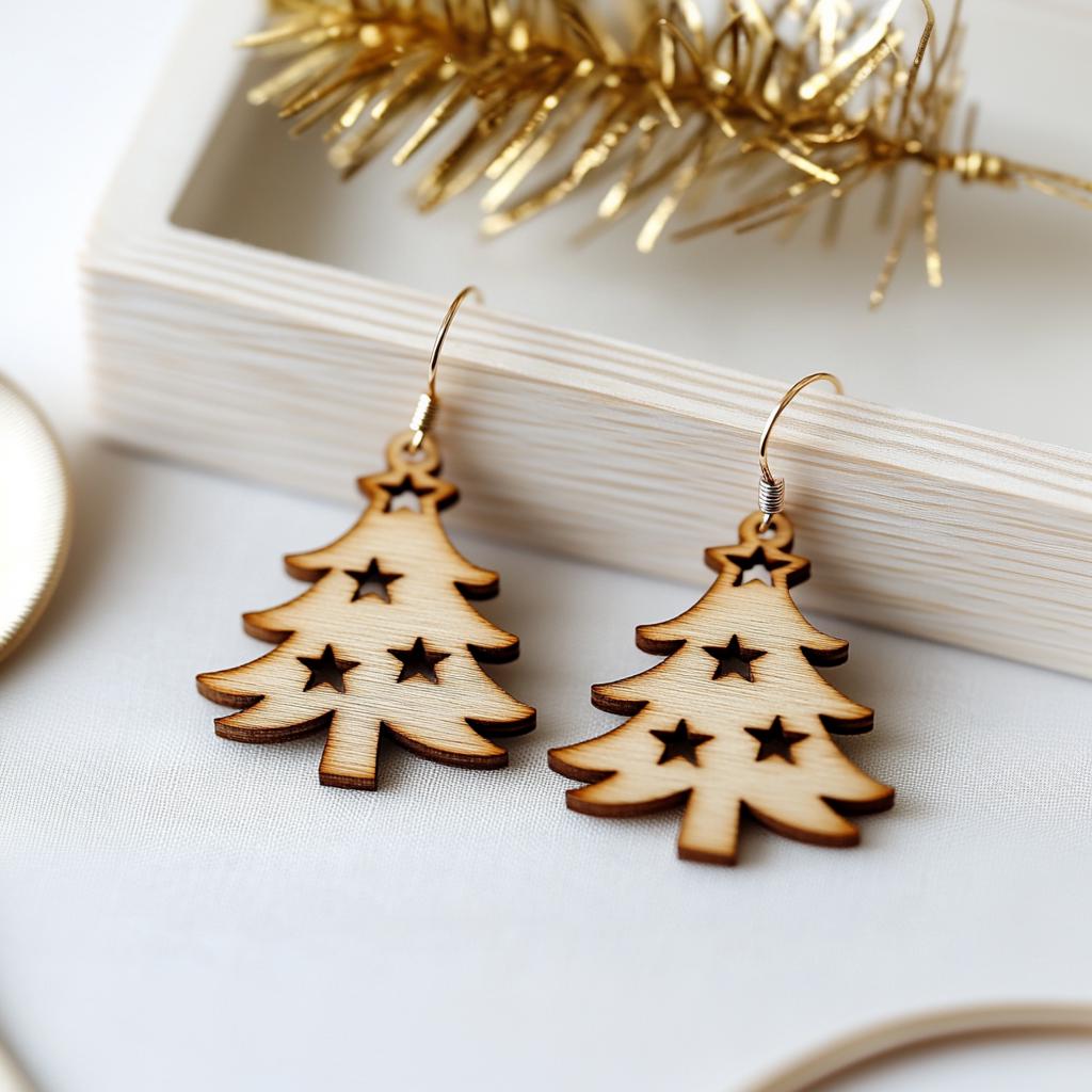 Wooden Christmas Tree Earrings – Festive Christmas Holiday Jewelry Gift