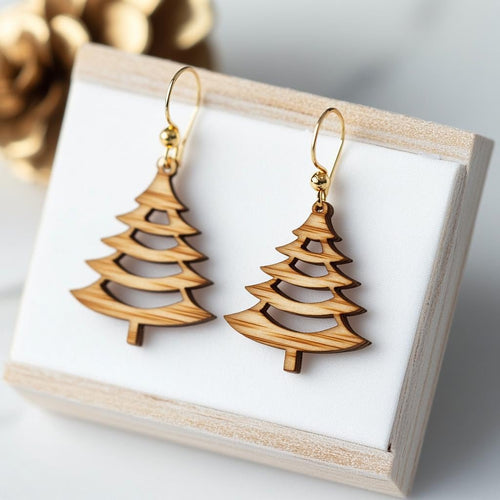 Handcrafted Olive Wood Christmas Tree Earrings - Unique Festive Holiday Jewelry Gift for Her